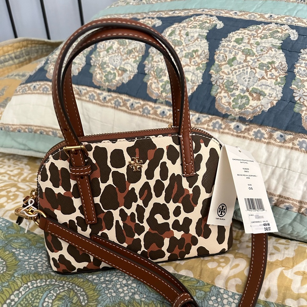 NWT Tory Burch Emerson Printed Dome Satchel Crossbody In Leopard Print